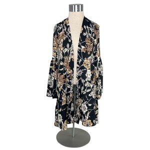 ADDIE Black Floral Open Front Lightweight Bellsleeve Cardigan Layer size Small